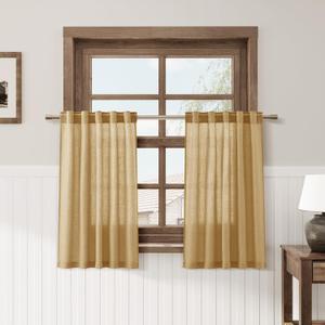 Gold Yellow French Country Kitchen Tier Curtains 24 Inch Length Linen Blend Privacy Light Filtering Short Curtains with Rod Pocket Back Tab for Over Sink Window Bathroom Neutral 2 Panels 30Wx24L