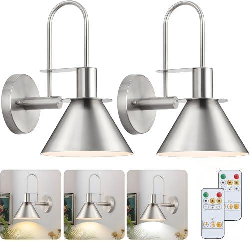 Novantl Brushed Nickel Battery Operated Wall Sconce, Wireless Battery Operated Wall Lights, Wall Sconces Set of Two Battery Operated, Remote Battery Wall Sconces for Gallery, Bedroom