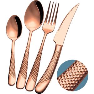 16-Piece Modern Copper Hammered Silverware Set with Ultra Sharp 2-IN-1 Serrated Knife, Rose Gold 18/10 Stainless Steel Flatware Set, Utensil Cutlery Set for 4 Person, Forks Spoons Knives Set