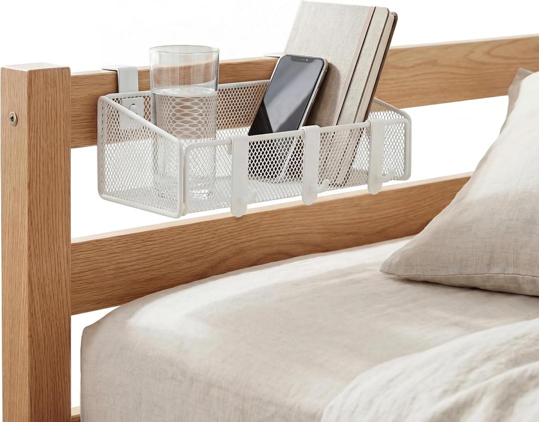 Bedside Shelf for Bed & Bunk Bed Storage Basket Office Cubical Wall Hanging Organizer - 5 Different Size Hooks - College Dorm Home Office Essentials for Phone,Book,Drink,Tissue (White)