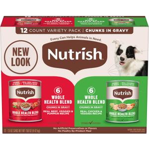 Nutrish Whole Health Blend Chunks in Gravy Variety Pack Wet Dog Food, 13 oz. Can, 12 Count (Rachael Ray) (EXP 01/05/28)