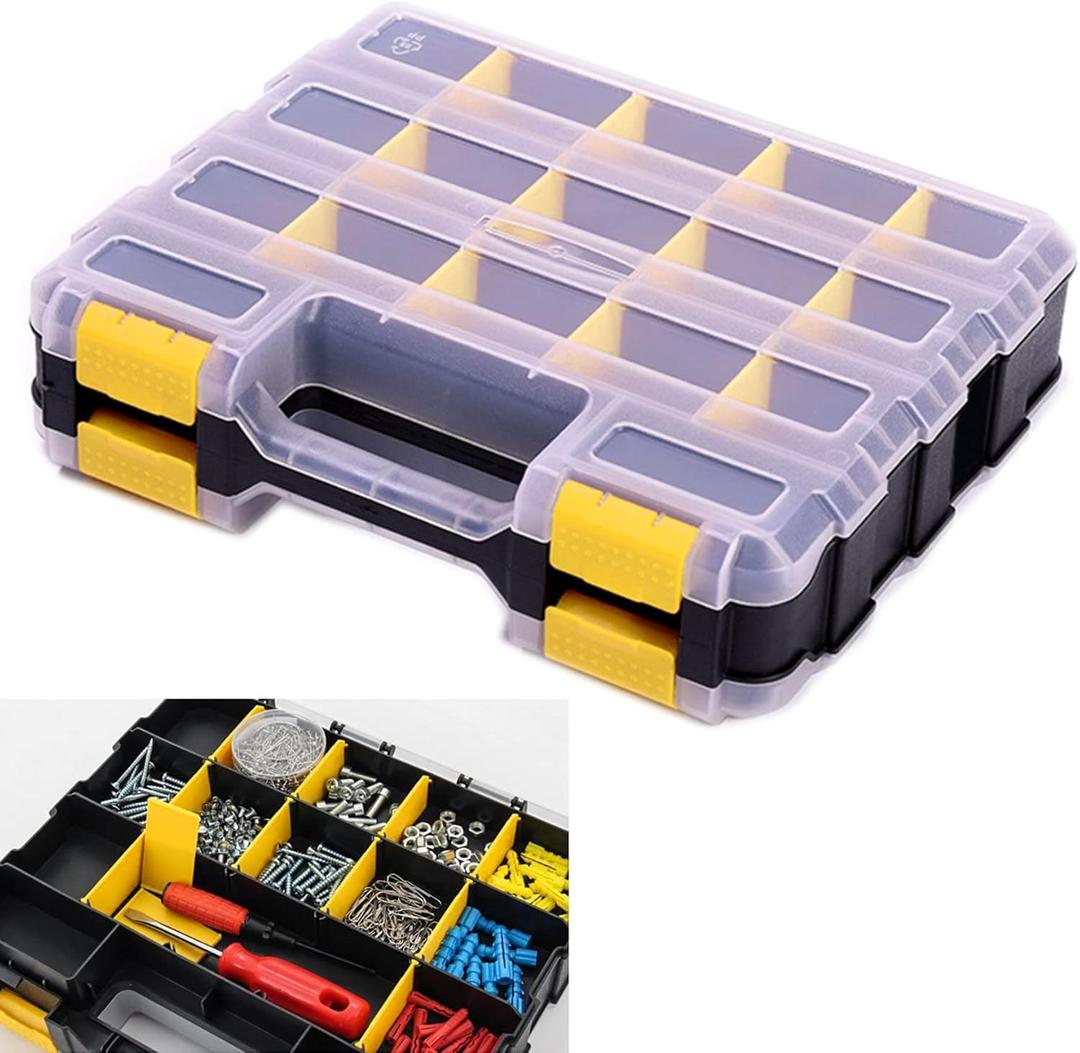 Tools Organizer Box Small Parts Storage Box 34-Compartment Double Side Hardware Organizers with Removable Plastic Dividers for Screws, Nuts, Nails, Bolts (Yellow)