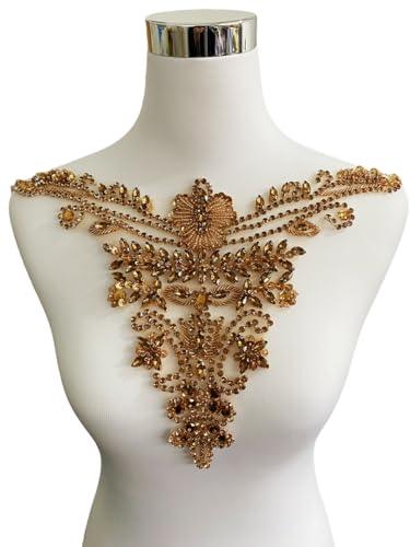Exquisite Shiny Clothing Decorative Appliques Pure Hand-Sewing Beads Rhinestones Trim Patches Luxurious Design for Clothing Necklines (Champagne)