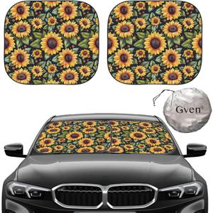 Gven Windshield Sun Shade 2pcs with Bonus Car Sunshade for Front Window Shades 2025 Technology Reflect UV and Heat Sun Visor Automotive Interior Sun Protection (Sunflower, M)
