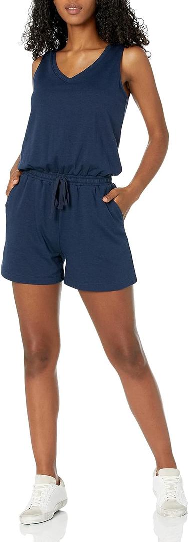 Amazon Essentials Women's Studio Terry Romper (Navy,Small)