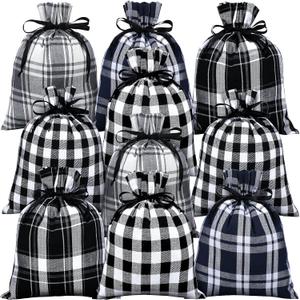 10 Pieces Christmas Buffalo Plaid Drawstring Bags Drawstring Gift Bags Santa Large Sacks Xmas Wrapping Bags Cotton Drawstring Bags Sack for Party Favors Candies (Black and White Plaid, 9 x 12 Inch)