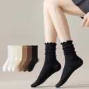 Rueesh 6 Pairs Breathable Women Warm Ruffle Ankle Socks Winter Cozy Knit Cotton Crew Socks Soft Thermal Frilly Calf Socks (White)