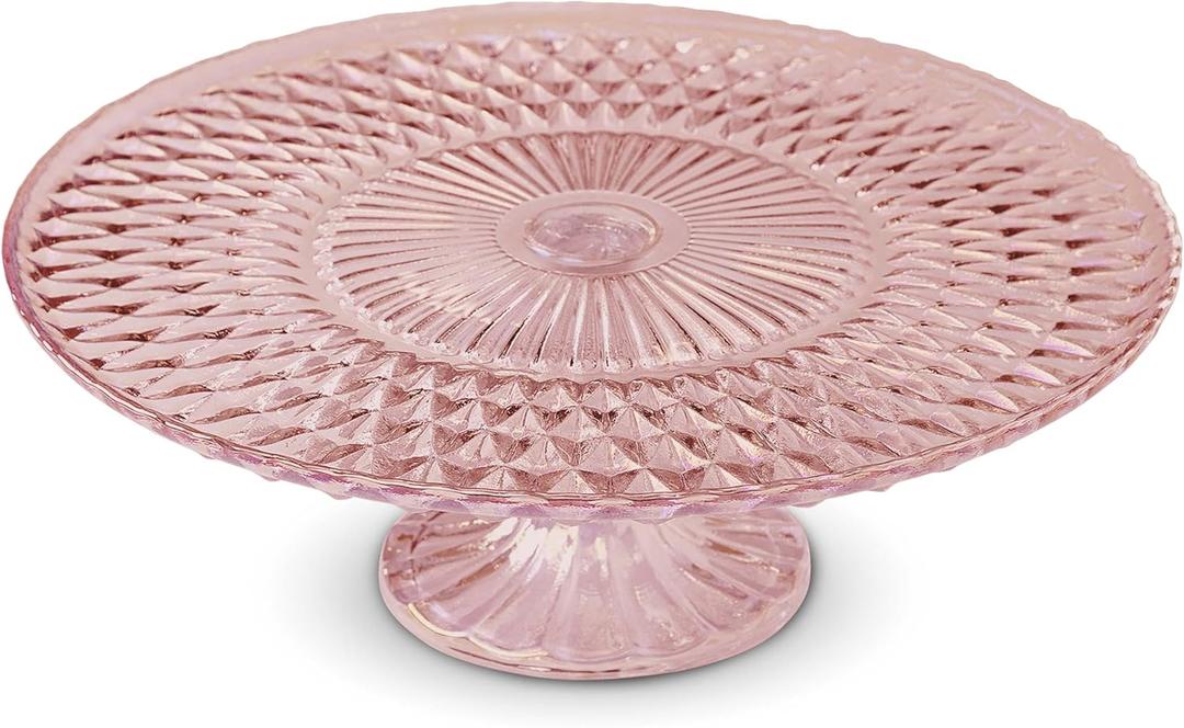 Amici Home Rochester Footed Glass Cake Stand | Round Vintage Style Cake Plate | Serving Platter for Cupcakes, Cookies, Birthday Cake | Dessert Display Stand for Parties, Weddings, and Gift (Pink)