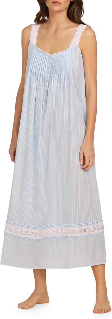 Eileen West Sleepwear & Loungewear for Women  Dobby Stripe Collection - 100% Cotton Lightweight Sleeveless Long Nightgown (X-Large, Blue)