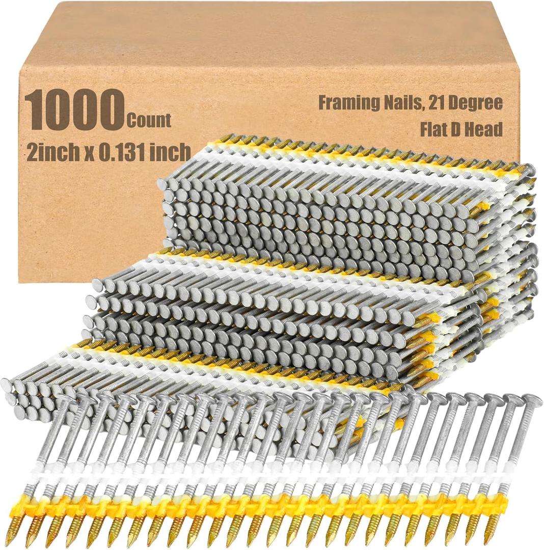 Therwen Framing Nails, 21 Degree, Flat D Head, Galvanized, Ring Shank, Plastic Row Fixed, 21 Degree Framing Nails for Use in All Pressure Treated Lumber (1000 Count,2 Inch x 0.131 Inch)