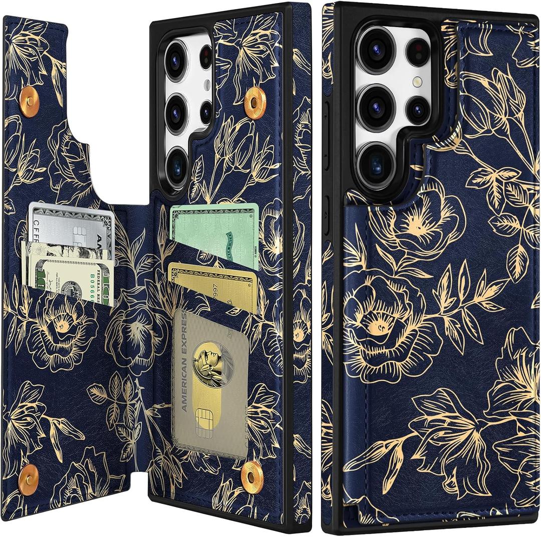 Shorogyt for Samsung Galaxy S22 Ultra Wallet Case with Card Holder - Designer Rose Pattern Kickstand Magnetic Clasp Back Flip Folio Leather Phone Cases for S22 Ultra for Women Men Girls