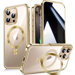 [CD Metal Ring Stand + Built-in Privacy Screen Protector] Magnetic Case for iPhone 16 Pro 6.3" [Soft Bumper Full Signal] [Compatible with MagSafe] 9H Glass Full Body Shockproof Clear Case, Gold
