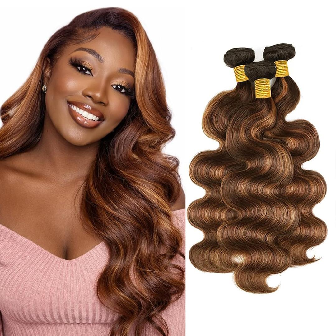 Body Wave Virgin Human Hair Bundles Ombre Dark Brown to Chestnut Highlight 16 18 20 Inch Brazilian Remy Hair Extensions 12A 3 Bundles Soft Bouncy Weave for Black Women