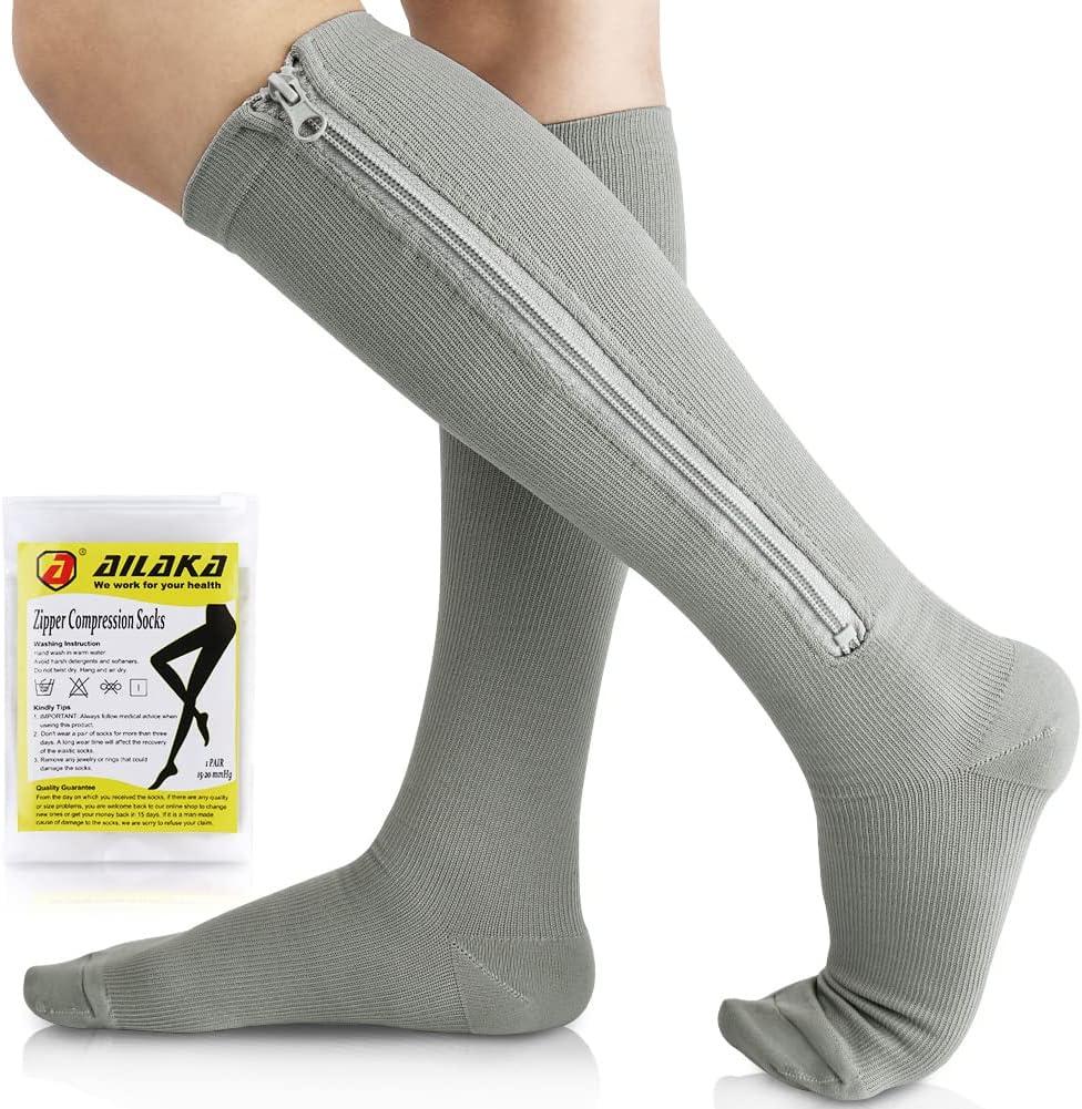 Ailaka Medical 15-20 mmHg Zipper Compression Socks Women Men (Large/X-Large (1 Pair), Gray)