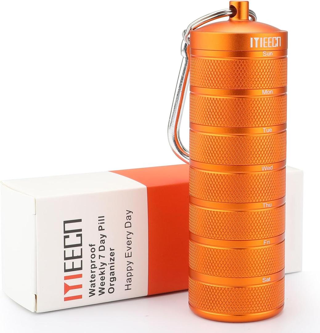 Weekly Metal Pill Organizer for Outdoor Travel, Aluminum, Waterproof, that is Shockproof and Has Large Compartments for Storing Vitamins, Fish Oil, Emergency Pills (Orange)