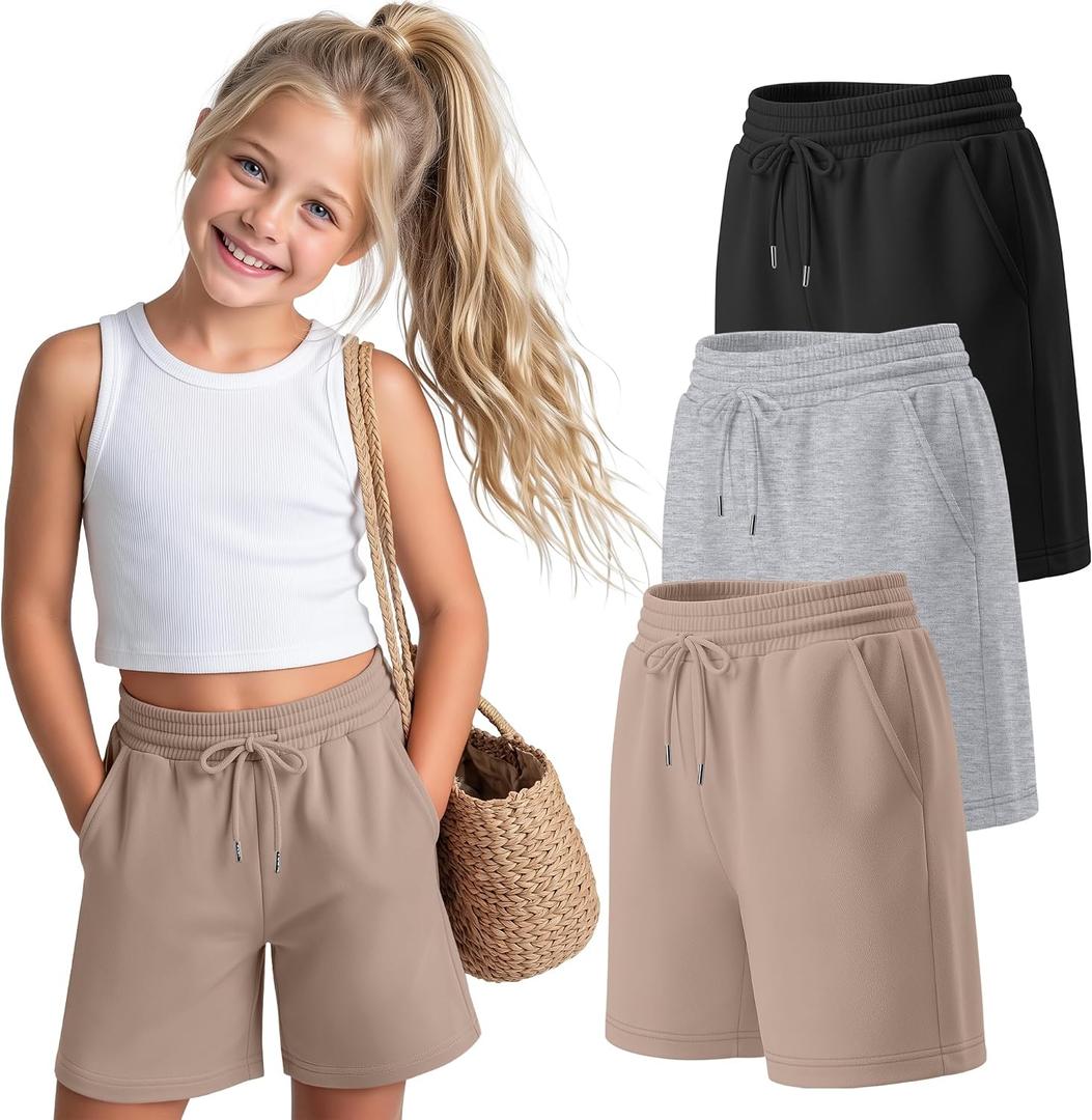 3 Pack Girls Bermuda Shorts Knee Length Casual Drawstring Athletic Summer Sweat Shorts with Pockets for Ages 13-14