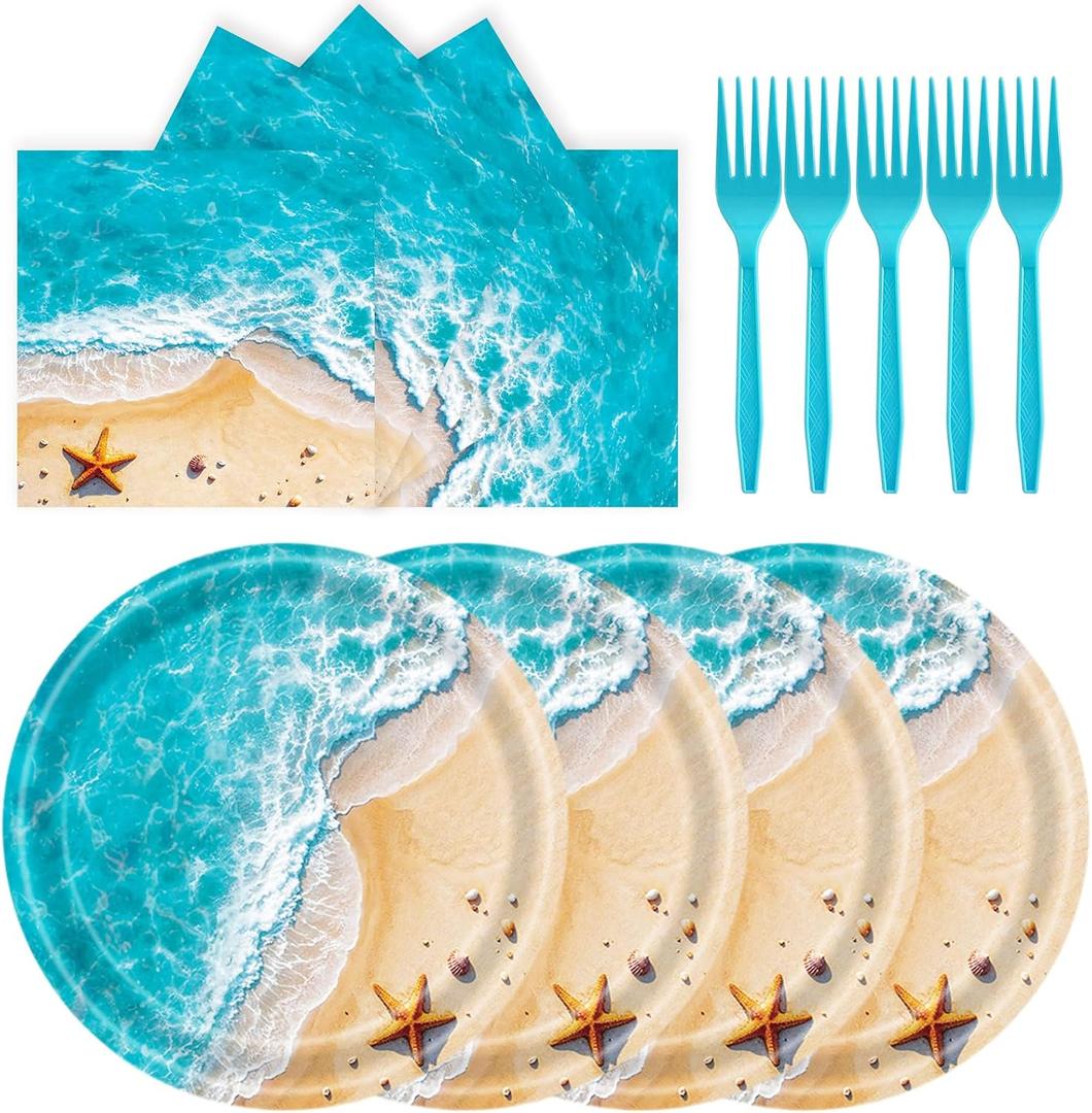 72 Pcs Ocean Waves Paper Plates Disposable Beach Party Birthday Dessert Plates Napkins Forks Tableware Set Summer Pool Party Decoration Supplies for Baby Shower Blue Ocean Hawaiian Birthday, Serve 24