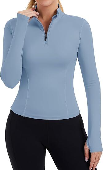 ZHENWEI Womens Workout Tops Long Sleeve Quarter Zip Pullover Quick Dry Golf Shirt Athletic Slim Fit Crop Yoga Gym Tops (Medium, Light Grey Blue)