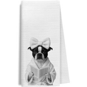 Funny Boston Terrier Reading Dish Towels  Dog Lover Gifts for Women, Bookish Mom Hand Towels for Bathroom, 16x24 Inch