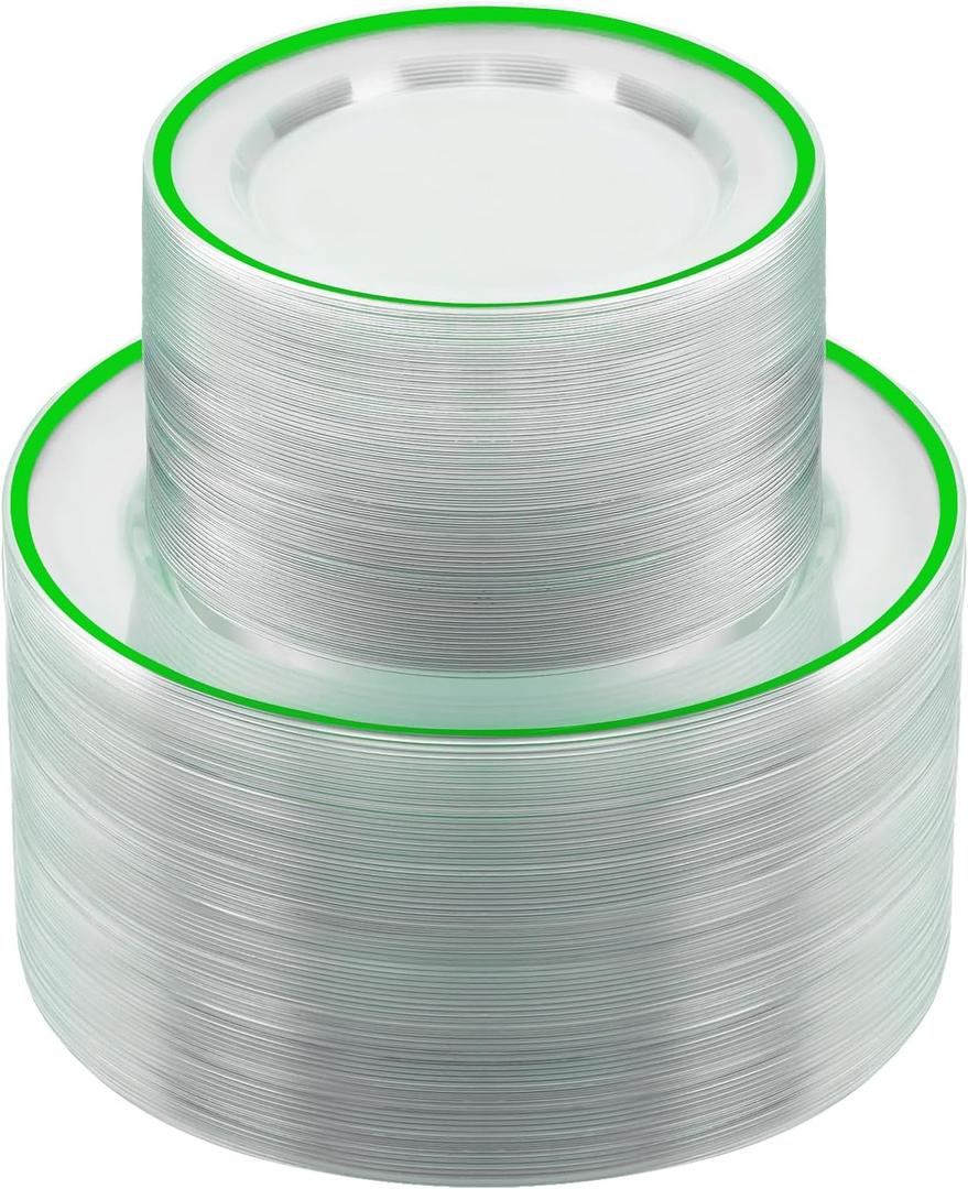 BESTSTAR 200PCS Green and Clear Plastic Plates, Green Disposable Plate Set with 100 Dinner Plates and 100 Dessert Plate for Party, St. Patrick's Day