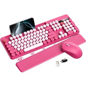 Hamile Wireless Keyboard and Mouse Combo - Detachable Wrist Rest, Phone/Tablet Holder, Retro Typewriter Style Keyboard, Colorful Round Keycaps, 2.4GHz Wireless for Windows/Mac/PC/Laptop, Pink