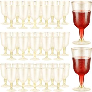 Meanplan 100 Pcs Plastic Wine Glasses with Stem 6oz Plastic Wine Cups for Parties Disposable Stackable, Wedding Picnics(Glitter Style,Gold)