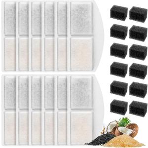 12 Pack Cat Water Fountain Filter Compatible with 100oz/3L Automatic Pet Fountain and 12 Pack Replacement Pre-Filter Sponges, Pet Fountains Filters for Cat Dog Water Dispenser