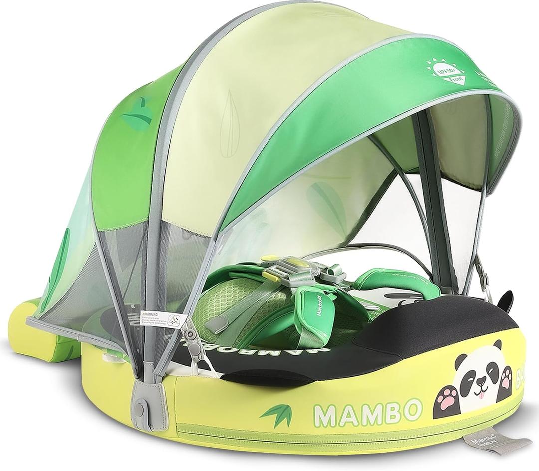 Mambobaby Baby Pool Float with Canopy, Non-Inflatable Infant Swim Float with Safe Seat and Tail Support for 3-24 Months, UPF 50+ Sun Protection (Lime Zest Green)