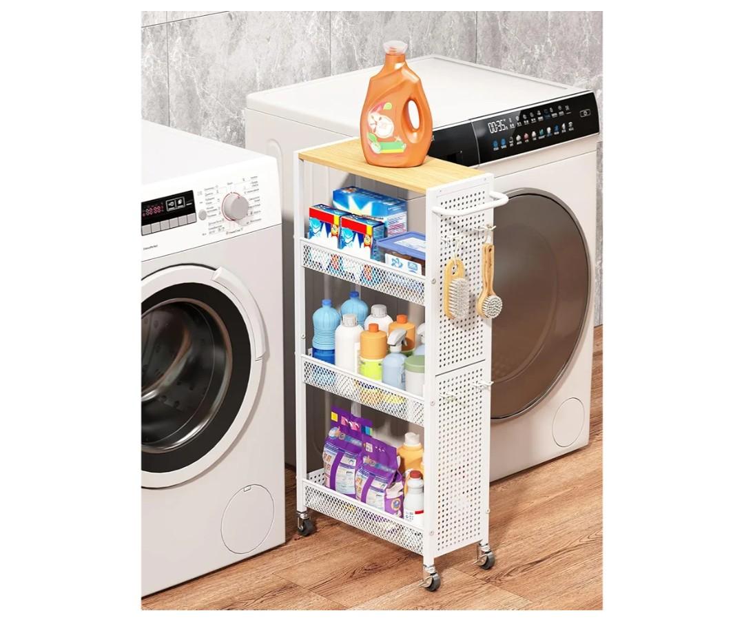 Utility Slim Storage Cart 4 Tier Small Rolling Kitchen Laundry Room Organization Cart with Wood Top Metal Narrow Laundry Room Shelves Cabinet Unit Laundry Organizer Trolley with Handle for Small space