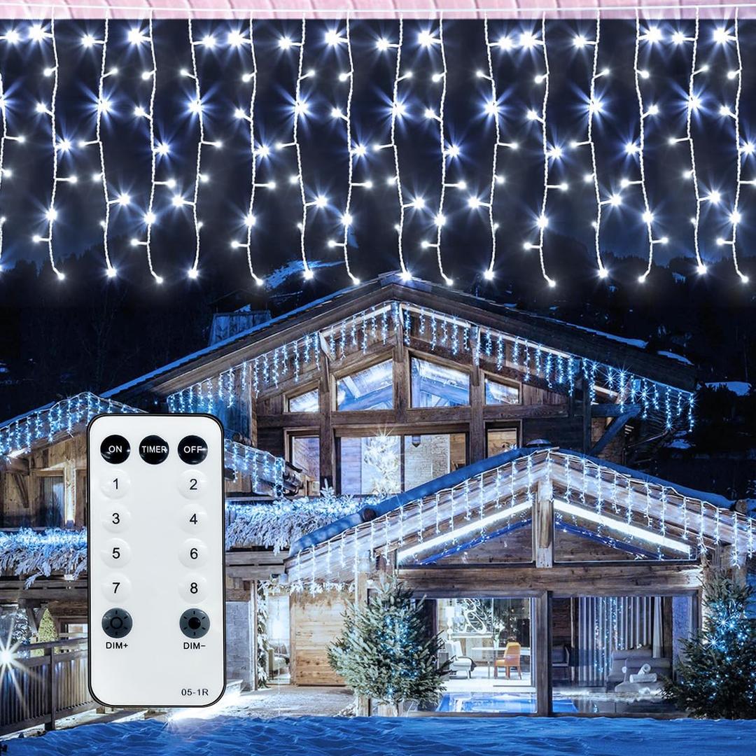 32.8FT Icicle Lights, Christmas Outdoor with 400LED 75 Drops, IP65 Waterproof Eaves Lights, 8 Modes, for Christmas Eaves Garden Room Decoration Cool White