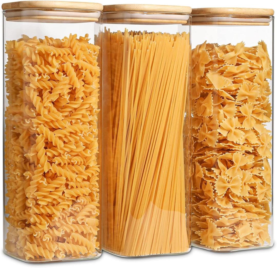 ComSaf Glass Spaghetti Pasta Storage Containers with Lids 73oz Set of 3, Tall Clear Airtight Food Storage Jar with Lid for Noodles Flour Oat Cereal Sugar Beans, Sqaure Spaghetti Pantry Containers