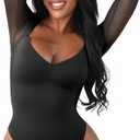 FeelinGirl Long Sleeve Bodysuit for Women Sexy Mesh V Neck Body Suits Thong Corset Top Going Out Outfits for Party (Medium, Black)