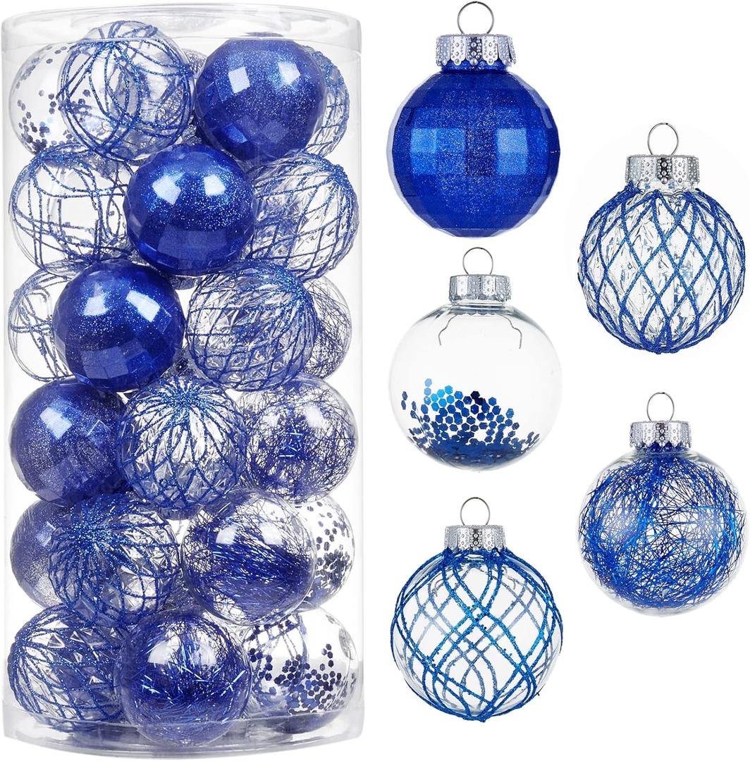 30ct Christmas Ball Ornaments-60mm/2.36" Shatterproof Clear Plastic Xmas Balls Baubles Set with Stuffed Delicate Sparkling, Hanging Christmas Tree Decorations(Blue)