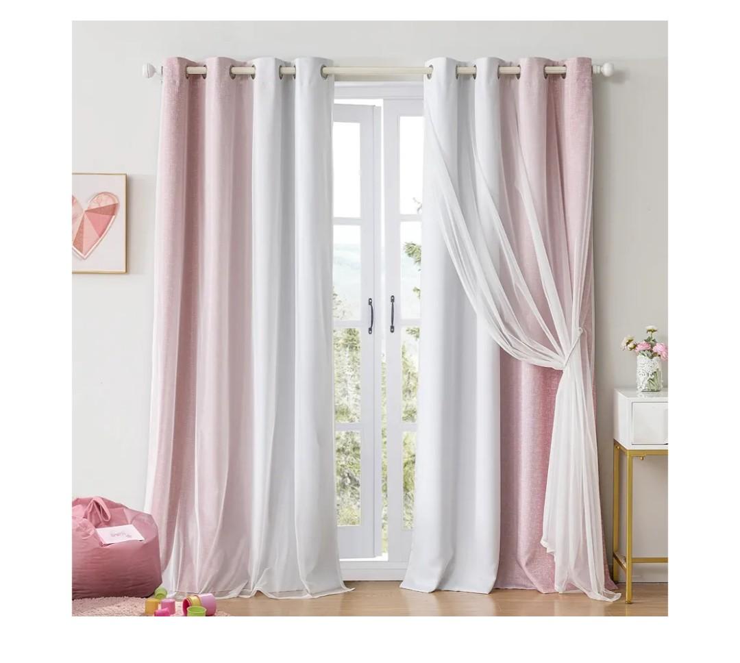 100% Blackout Curtains with Sheer Overlay Mix and Match Double Layer Drapes 84 Inch Long 2 Panels for Bedroom Living Room Pink White Ombre Grommet Window Treatment with Tiebacks