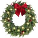 30 Inch Christmas Wreaths for Front Door with Lights,Lighted Cedar Door Wreath,Prelit Real Touch Artificial Green Winter Wreath with Large Burgundy Velvet Bow for Indoor Outdoor Decor