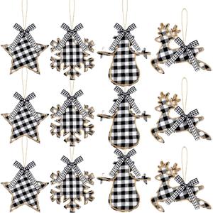 12 Christmas Burlap Tree Hanging Ornaments Buffalo Check Plaid Stitching Tree Ornament Deer Snowman Snowflake Star Shaped Hanging Ornaments for Xmas Holiday Party Decorations (White and Black)