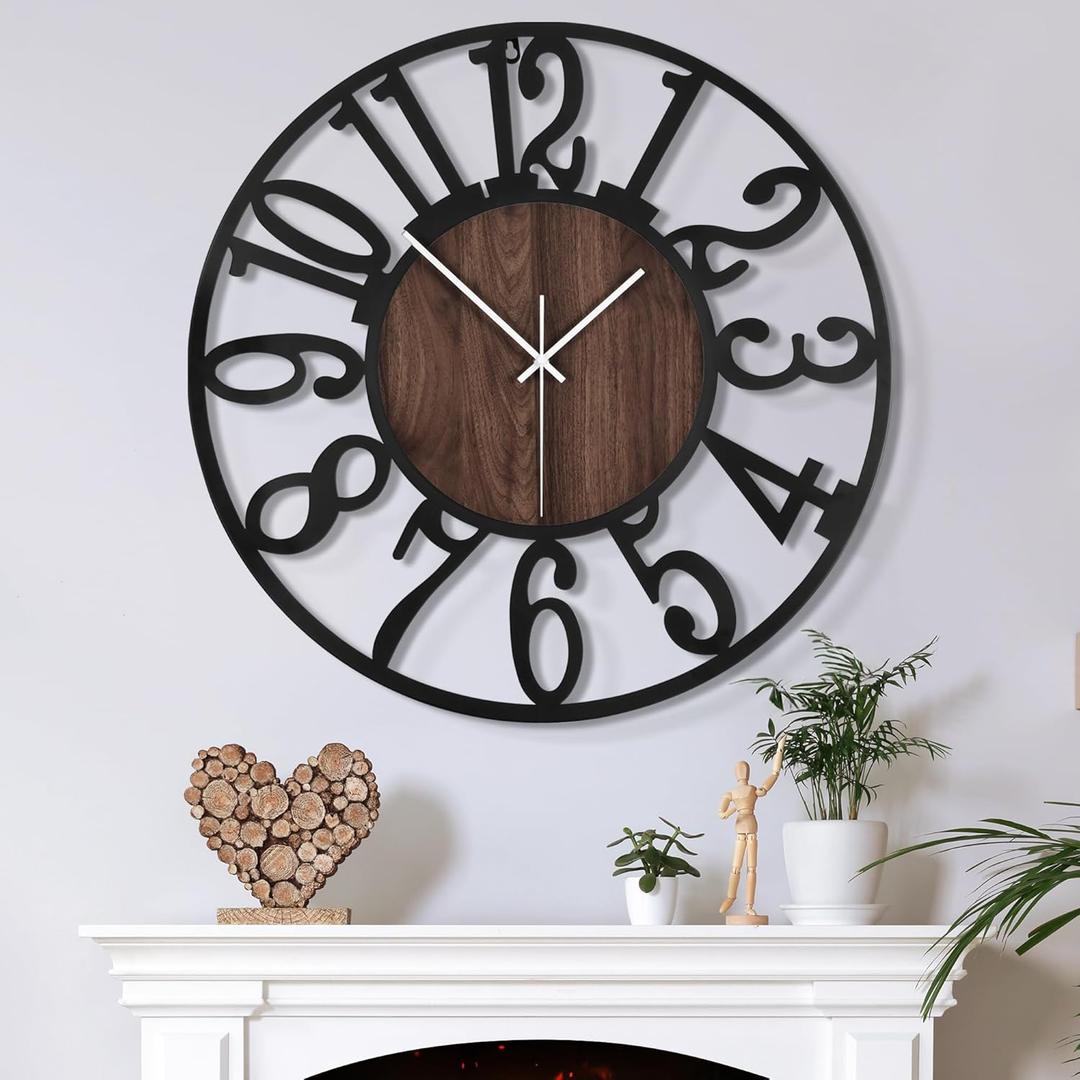 Large Wall Clock for Living Room Decor, 14 Inch Non Ticking Silent, Battery Operated Modern Vintage Oversized Wall Clock for Bedroom Kitchen (Dark Brown - Arabic Numbers)