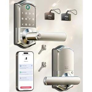 Veise VE019 Fingerprint Smart Lever Lock - APP Control, Keypad Door Lock with Handle, Keyless Entry for Front Door and Bedroom, Electronic Digital Knob, Remote Grant, IP55 Weatherproof, Satin Nickel