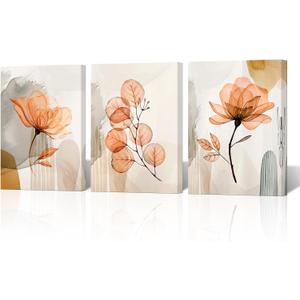 NutArtPic Flower Canvas Wall Art Orange Floral Pictures Minimalist Neutral Wildflower Painting Prints for Home Decor 12''x16''x3pcs