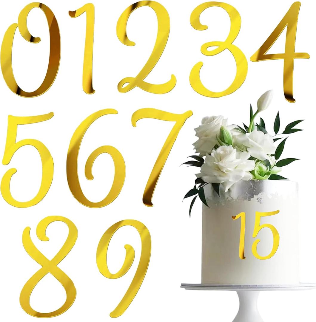 10 PCS Acrylic Side Insert Cake Topper Gold 0 to 9 Numbers Cake Decor for Weddings Birthday Parties Decoration Supplies