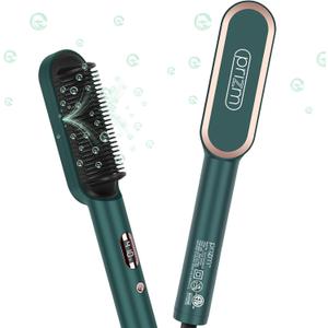 Prizm Hair Straightener Brush, 20s Fast Heating, Negative Ions Hair Straightening Brush with Less Frizz, 4 Temp Settings & LED Display, Anti-Scald Design, Gift for Women, Dual Voltage, Dark Green