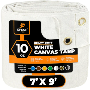 Xpose Safety Canvas Tarp - 10oz White Canvas Tarps Heavy Duty Water Resistant with Brass Grommets- Multipurpose Outdoor Tarpaulin for Camping, Canopy, Trailer, Equipment Cover 7' x 9'