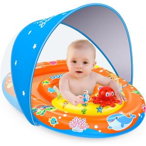 EZIGO Baby Pool Float with Canopy UPF 50+ Sun Protection, Double Air Chambers Infants Swimming Floats with Sound Toys Adjustable Safety Seat Toddler Float for Boys and Girls 6-36 Months (Orange-Blue)