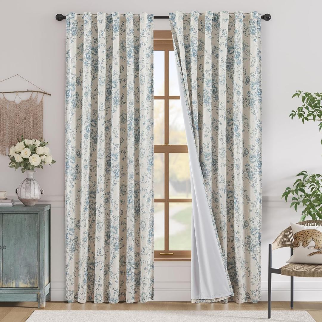 jinchan Blackout Linen Blend Curtain Floral Blackout Curtains for Living Room 84 Inch Length Blue Printed with Lined Blackout Curtain for Bedroom Farmhouse Curtains Set 2 Panels
