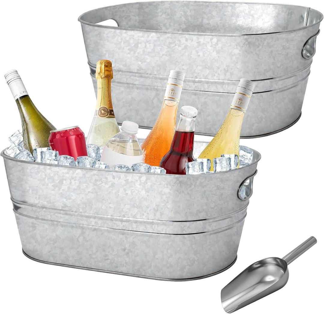 2 Pack 4 Gallon Galvanized Tub Ice Buckets for Parties Portable Beverage Tub Champagne Bucket Metal Ice Buckets for Cocktail Bar with Ice Scoop