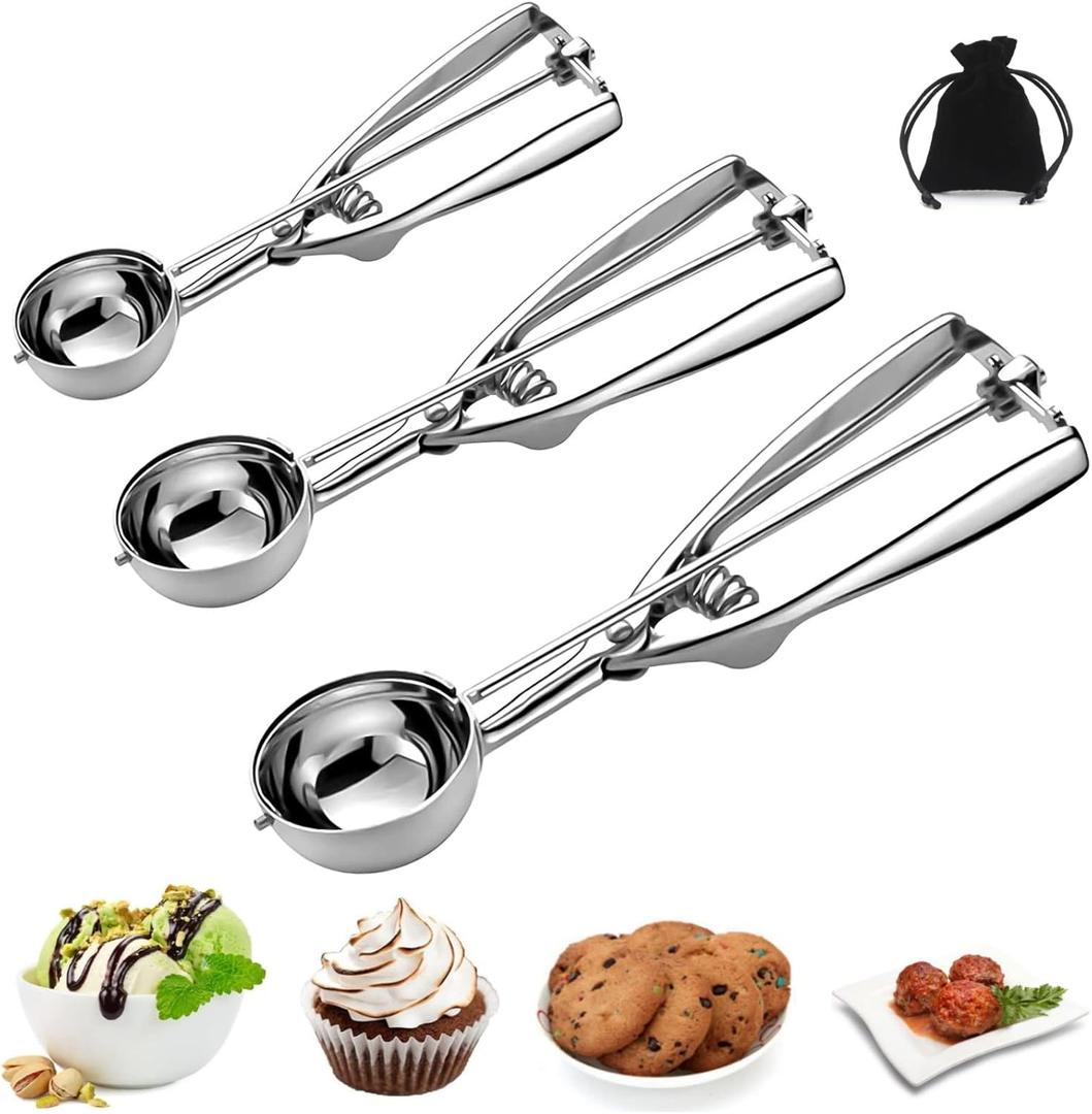 Stainless Steel 3-Piece Ice Cream & Cookie Scoop Set - Trigger Release, Baking & Dessert Scooper (4/5/6CM)