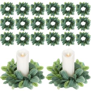 Panelee 20 Pcs Candle Rings Artificial Eucalyptus Candle Wreath Rings Greenery Leaves Boho Candles Garland Pillar for Wedding (Cute Leaf Style)