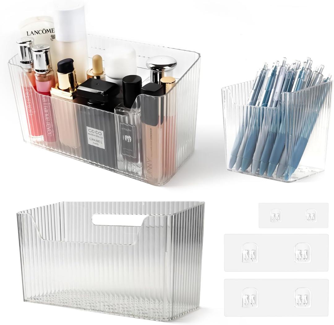 "Set of 3 Shower Caddy & Cabinet Door Organizer - Wall Mounted Shower Shelves with Adhesive, Stackable Plastic Shower Organizer, Clear Bathroom Organizers for Kitchen, Pantry (BPA Free, Large)"