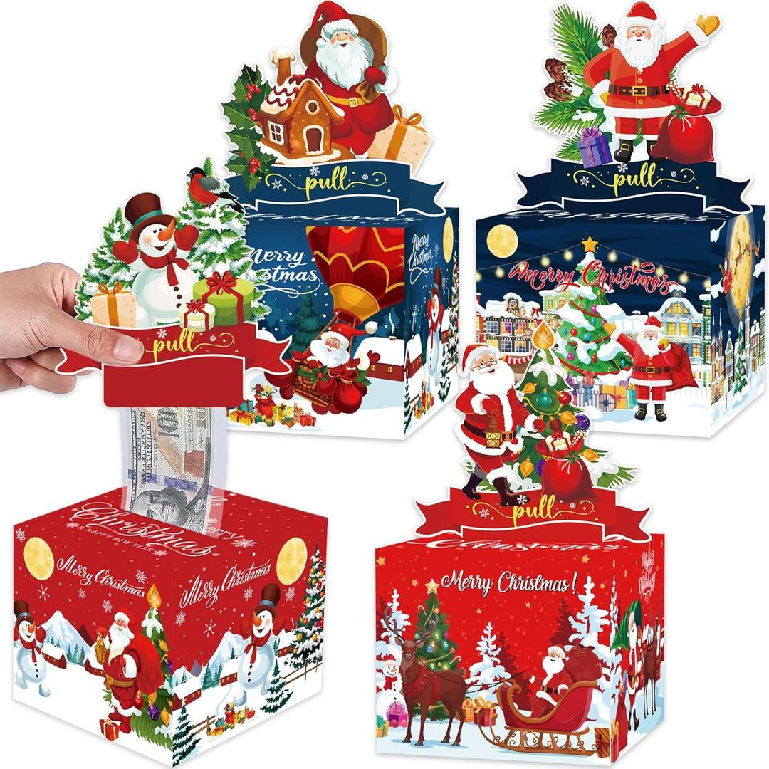 Christmas Party Gifts, 4 Pack Christmas Money Box for Cash Gift Pull, Surprise Money Holders with 200Pcs Transparent Bags, DIY Fun Cash Box for Women Men Girls Boys Kids Adults Mom Dad (Red+dark Red+blue+dark Blue)
