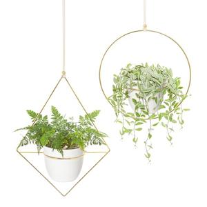 Mkono Metal Hanging Planters for Indoor Plants with Plastic Pots, Set of 2 Modern Mid Century Flower Pot Plant Holder in Diamond and Circle Shape, Fits 6 Inch, Gold